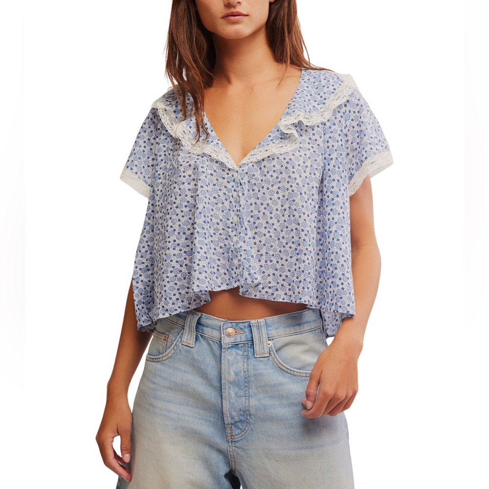 Free People Blue Floral Print Blouse - Picture 2 of 4